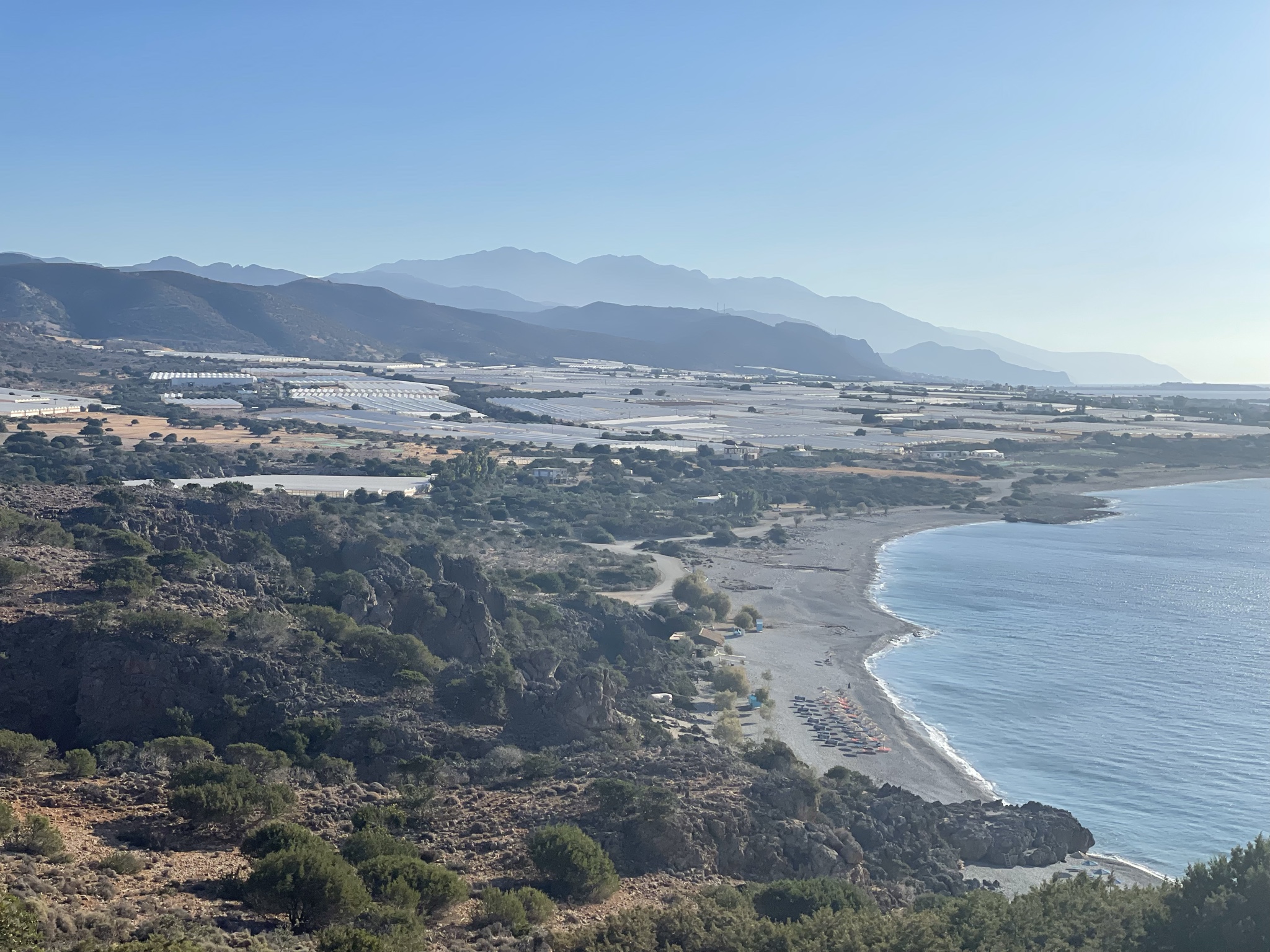 Leaving Paleochora. All those greenhouses provide horiatiki to the hotels of Athens.